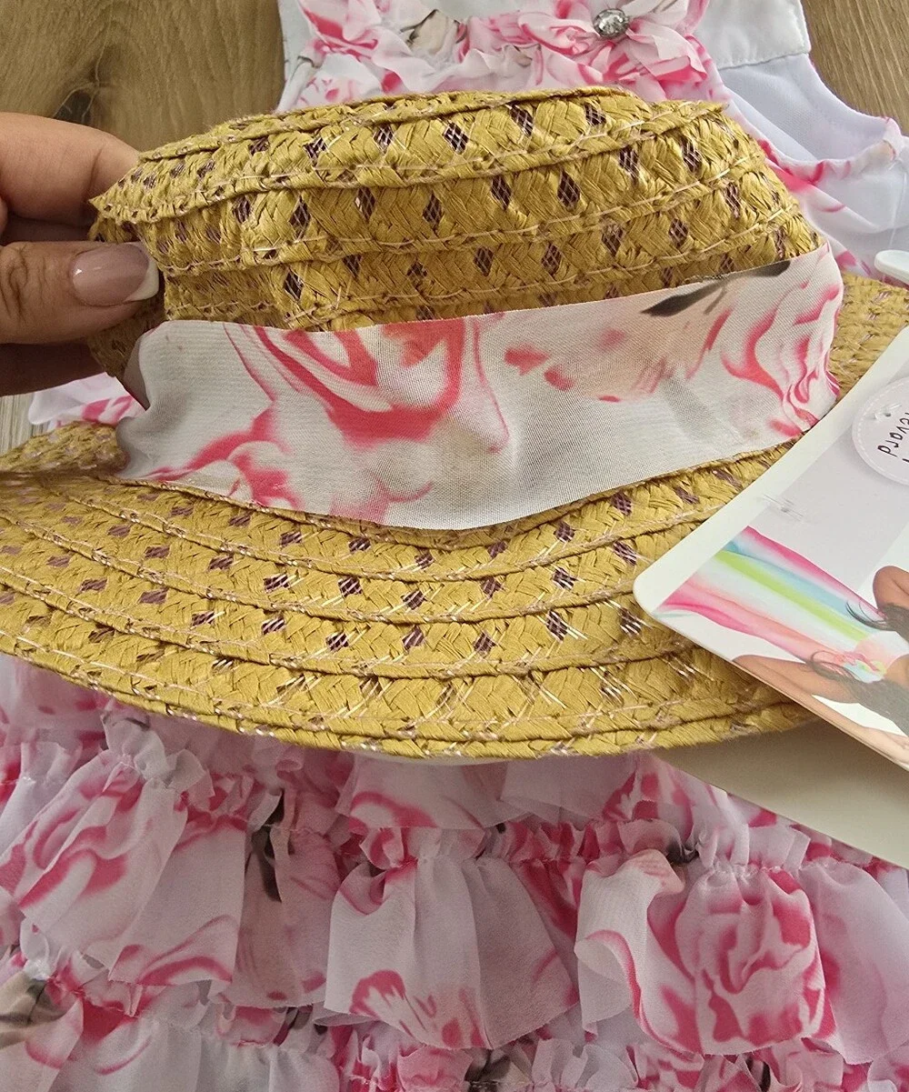 Blueberi Baby Girls Pink Rose Floral Ruffle Dress with Matching Sun Hat Size 18M